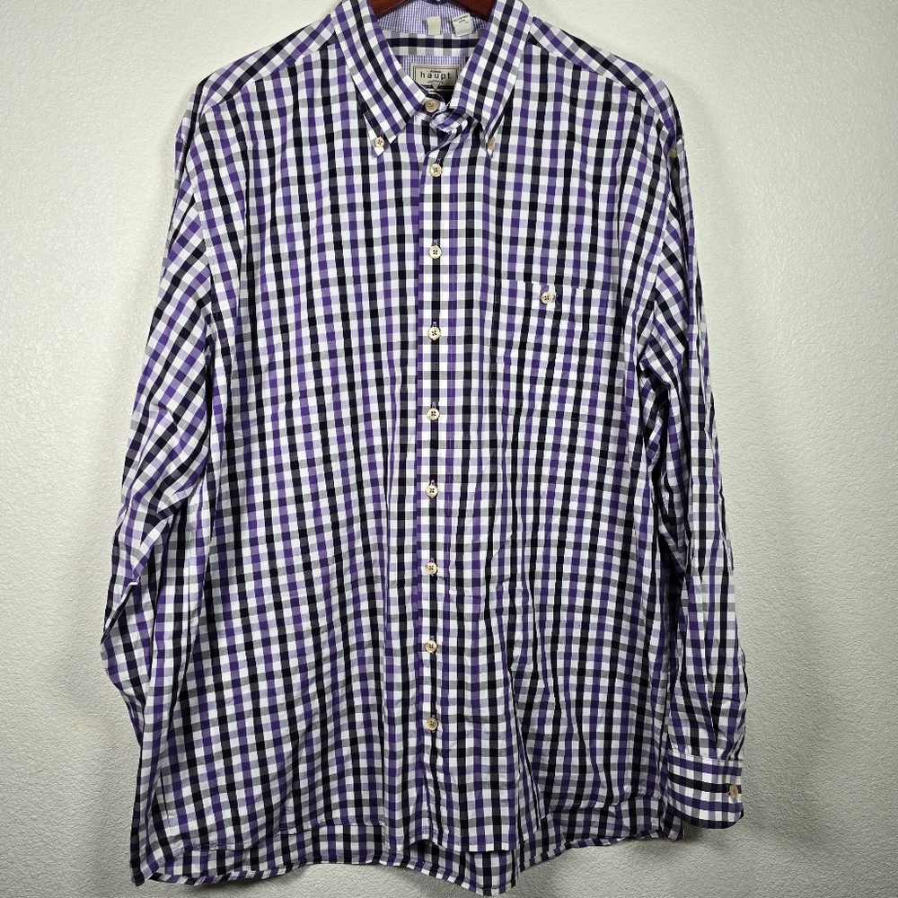 Haupt Size XL 45-46 Button Up Shirt Purple Plaid Long Sleeve Germany Cotton‎